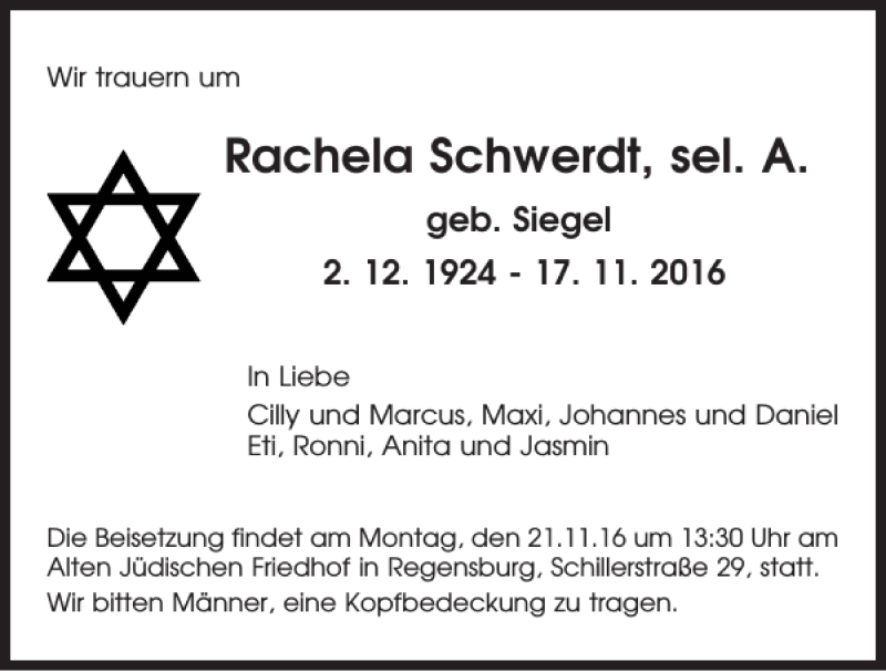 Traueranzeige für Rachela Schwerdt vom 19.11.2016 aus Mittelbayerische Zeitung Regensburg