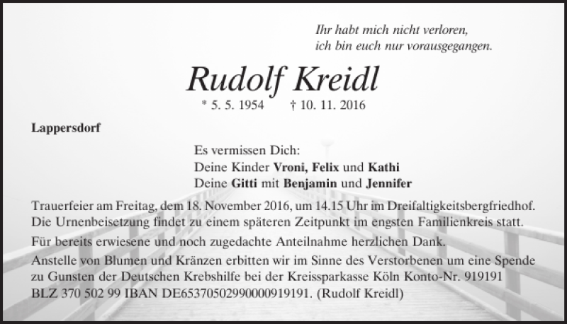  Traueranzeige für Rudolf Kreidl vom 14.11.2016 aus Mittelbayerische Zeitung Regensburg