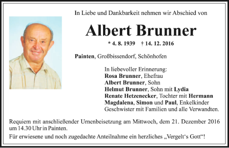  Traueranzeige für Albert Brunner vom 17.12.2016 aus Mittelbayerische Zeitung Kelheim