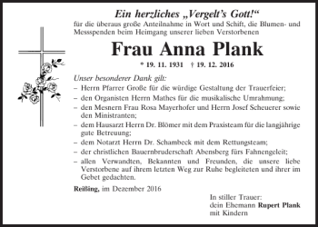 Traueranzeige von Anna Plank von Mittelbayerische Zeitung Kelheim