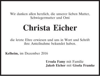 Traueranzeige von Christa Eicher von Mittelbayerische Zeitung Kelheim