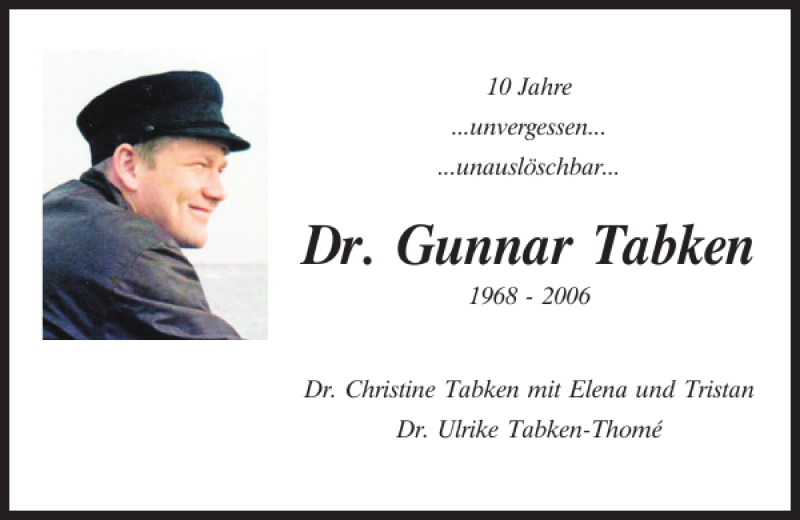  Traueranzeige für Dr. Gunnar Tabken vom 13.12.2016 aus Mittelbayerische Zeitung Schwandorf