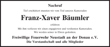 Traueranzeige von Franz-Xaver Bäumler von Mittelbayerische Zeitung Kelheim