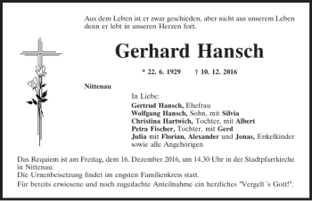 Traueranzeige von Gerhard Hansch von Mittelbayerische Zeitung Regensburg