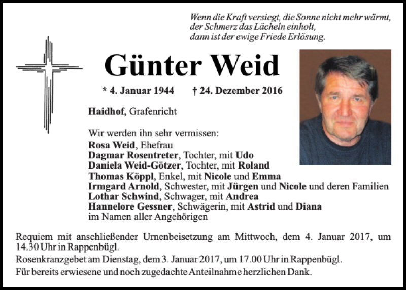  Traueranzeige für Günter Weid vom 31.12.2016 aus Mittelbayerische Zeitung Schwandorf