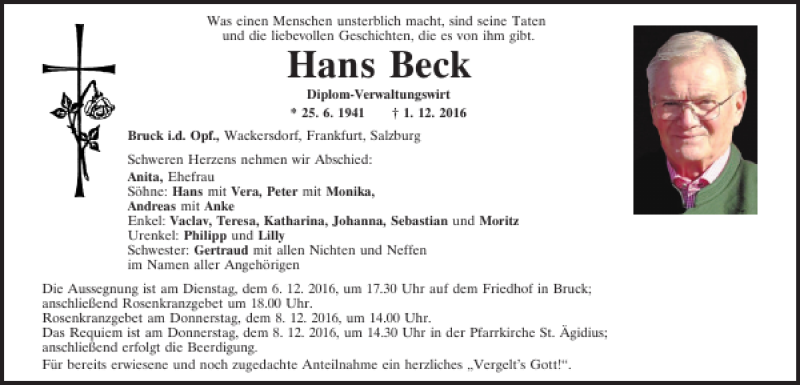  Traueranzeige für Hans Beck vom 06.12.2016 aus Mittelbayerische Zeitung Schwandorf