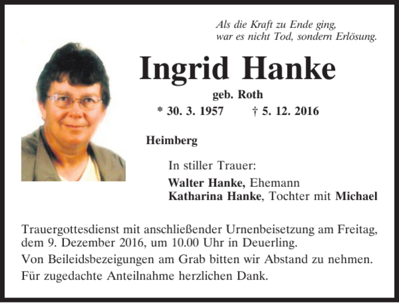 Traueranzeige für Ingrid Hanke vom 07.12.2016 aus Mittelbayerische Zeitung Regensburg
