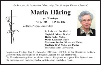 Traueranzeige von Maria Häring von Mittelbayerische Zeitung Regensburg