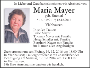 Traueranzeige von Maria Mayer von Mittelbayerische Zeitung Regensburg