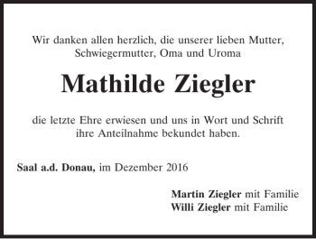 Traueranzeige von Mathilde Ziegler von Mittelbayerische Zeitung Kelheim