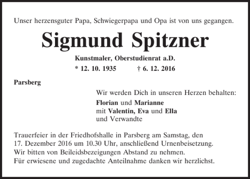  Traueranzeige für Sigmund Spitzner vom 10.12.2016 aus Neumarkter Tagblatt