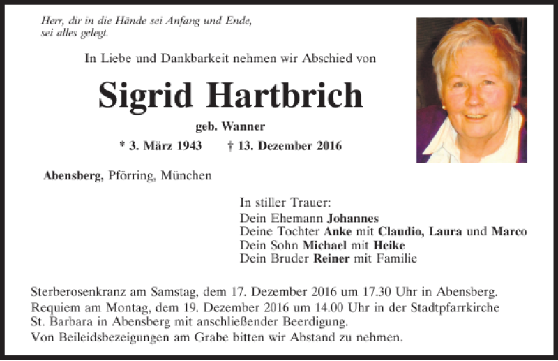  Traueranzeige für Sigrid Hartbrich vom 16.12.2016 aus Mittelbayerische Zeitung Kelheim