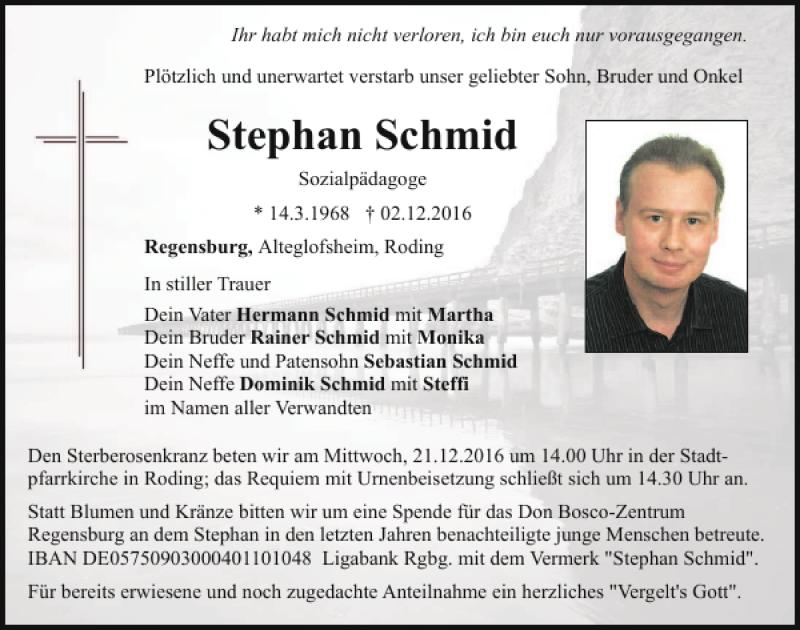  Traueranzeige für Stephan Schmid vom 17.12.2016 aus Mittelbayerische Zeitung Regensburg