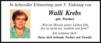 Traueranzeige von Walli Krebs von Mittelbayerische Zeitung Schwandorf