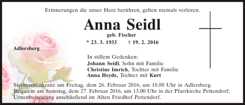  Traueranzeige für Anna Seidl vom 24.02.2016 aus Mittelbayerische Zeitung Regensburg