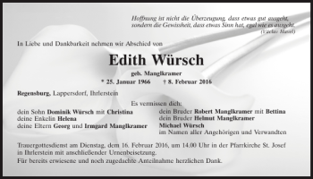 Traueranzeige von Edith Würsch von Mittelbayerische Zeitung Regensburg
