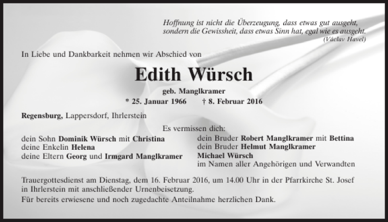  Traueranzeige für Edith Würsch vom 13.02.2016 aus Mittelbayerische Zeitung Regensburg