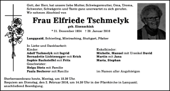 Traueranzeige von Elfriede Tschmelyk von Mittelbayerische Zeitung Regensburg