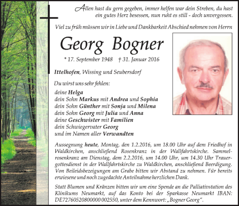  Traueranzeige für Georg Bogner vom 01.02.2016 aus Neumarkter Tagblatt