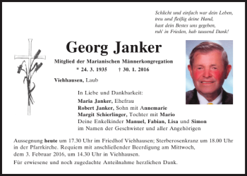 Traueranzeige von Georg Janker von Mittelbayerische Zeitung Regensburg