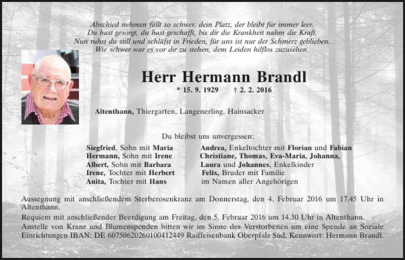 Traueranzeige für Hermann Brandl vom 03.02.2016 aus Mittelbayerische Zeitung Regensburg