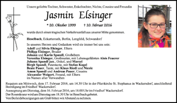 Traueranzeige von Jasmin Elsinger von Mittelbayerische Zeitung Schwandorf