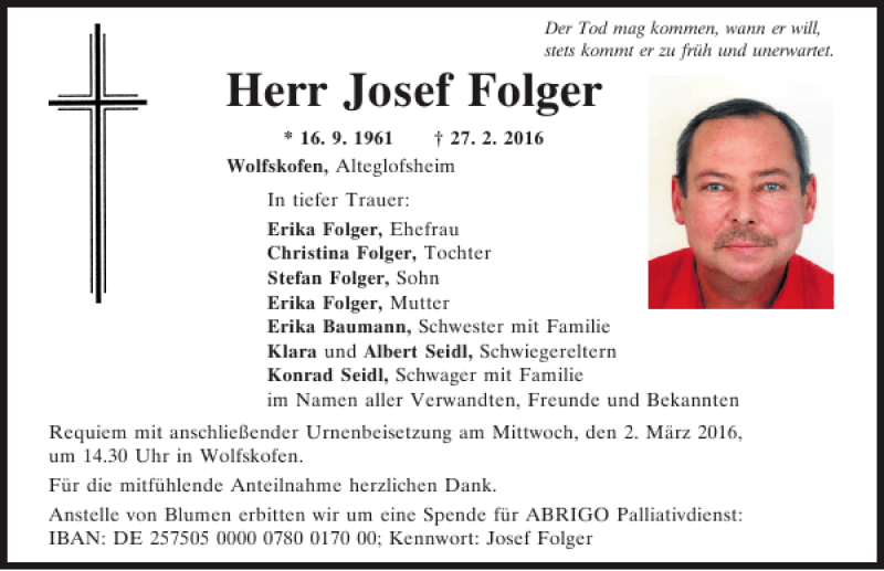  Traueranzeige für Josef Folger vom 29.02.2016 aus Mittelbayerische Zeitung Regensburg