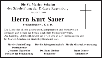 Traueranzeige von Kurt Sauer von Mittelbayerische Zeitung Regensburg