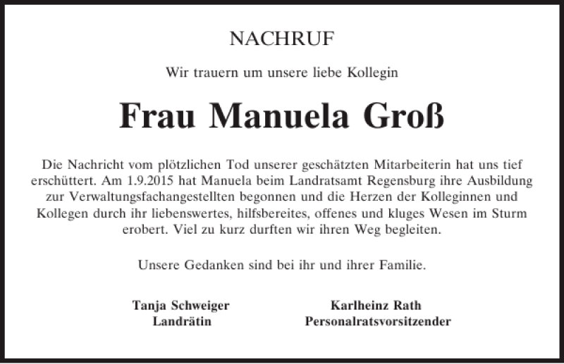  Traueranzeige für Manuela Groß vom 11.02.2016 aus Mittelbayerische Zeitung Regensburg