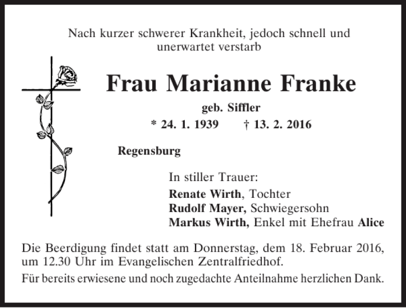  Traueranzeige für Marianne Franke vom 17.02.2016 aus Mittelbayerische Zeitung Regensburg