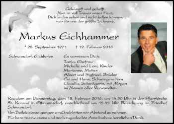 Traueranzeige von Markus Eichhammer von Mittelbayerische Zeitung Schwandorf