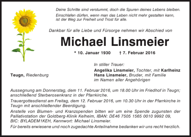  Traueranzeige für Michael Linsmeier vom 10.02.2016 aus Mittelbayerische Zeitung Kelheim