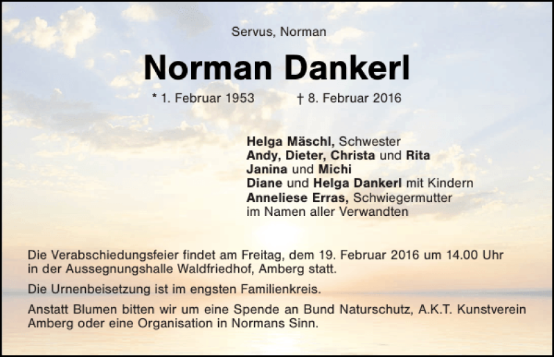  Traueranzeige für Norman Dankerl vom 13.02.2016 aus Mittelbayerische Zeitung Gesamtausgabe