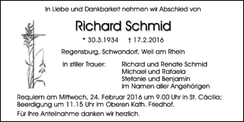Traueranzeige von Richard Schmid von Mittelbayerische Zeitung Regensburg