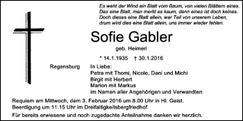Traueranzeige von Sofie Gabler von Mittelbayerische Zeitung Regensburg