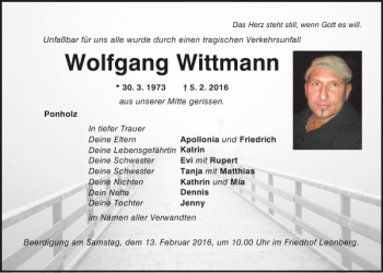 Traueranzeige von Wolfgang Wittmann von Mittelbayerische Zeitung Schwandorf