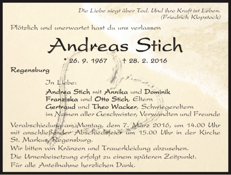  Traueranzeige für Andreas Stich vom 03.03.2016 aus Mittelbayerische Zeitung Regensburg