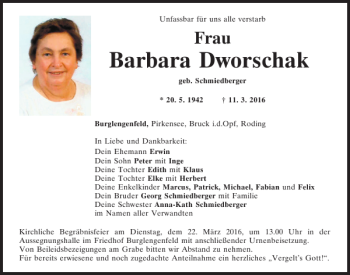 Traueranzeige von Barbara Dworschak von Mittelbayerische Zeitung Schwandorf