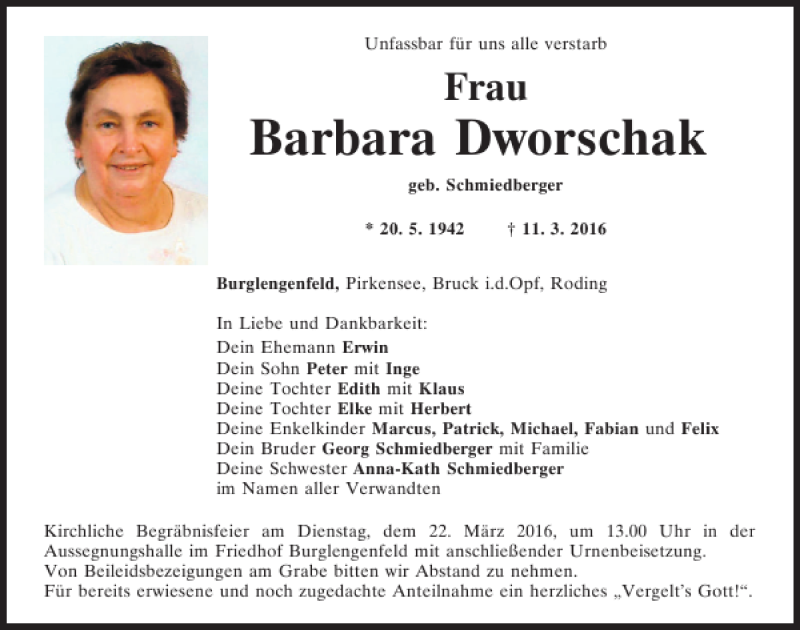  Traueranzeige für Barbara Dworschak vom 19.03.2016 aus Mittelbayerische Zeitung Schwandorf