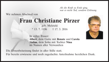 Traueranzeige von Christiane Pirzer von Mittelbayerische Zeitung Kelheim