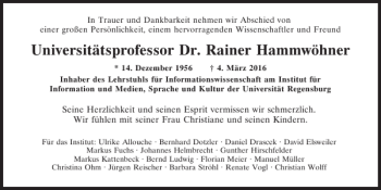 Traueranzeige von Dr. Rainer Hammwöhner von Mittelbayerische Zeitung Regensburg