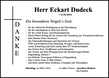 Traueranzeige von Eckhart Dudeck von Mittelbayerische Zeitung Regensburg