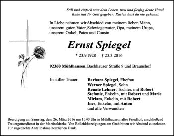 Traueranzeige von Ernst Spiegel von Neumarkter Tagblatt