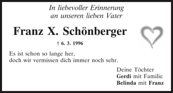 Traueranzeige von Franz X. Schönberger von Mittelbayerische Zeitung Kelheim