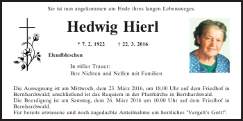 Traueranzeige von Hedwig Hierl von Mittelbayerische Zeitung Regensburg