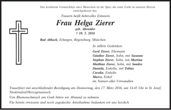 Traueranzeige von Helga Zierer von Mittelbayerische Zeitung Regensburg