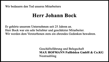 Traueranzeige von Johann Bock von Mittelbayerische Zeitung Regensburg