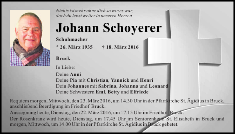  Traueranzeige für Johann Schoyerer vom 22.03.2016 aus Mittelbayerische Zeitung Regensburg