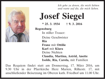 Traueranzeige von Josef Siegl von Mittelbayerische Zeitung Regensburg