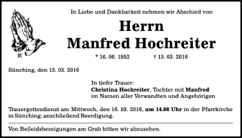 Traueranzeige von Manfred Hochreiter von Mittelbayerische Zeitung Regensburg
